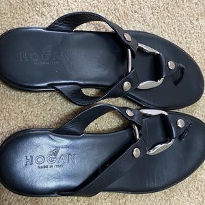 Hogan Sandals- Black and Silver Leather Flip Flops